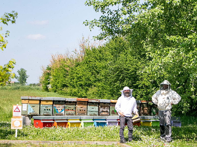 <p>L'apicoltore Paolo Vangelista di Opus Apis e un collega il giorno dell'installazione delle 12 arnie sul terreno della sede centrale di Coopservice</p>